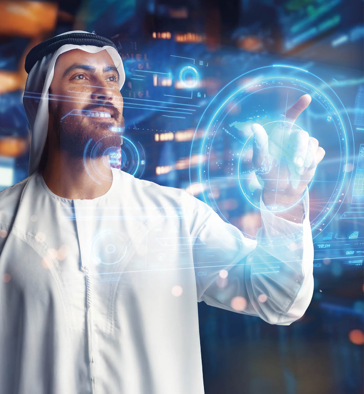 Muslim businessman working with floating data visualization screen