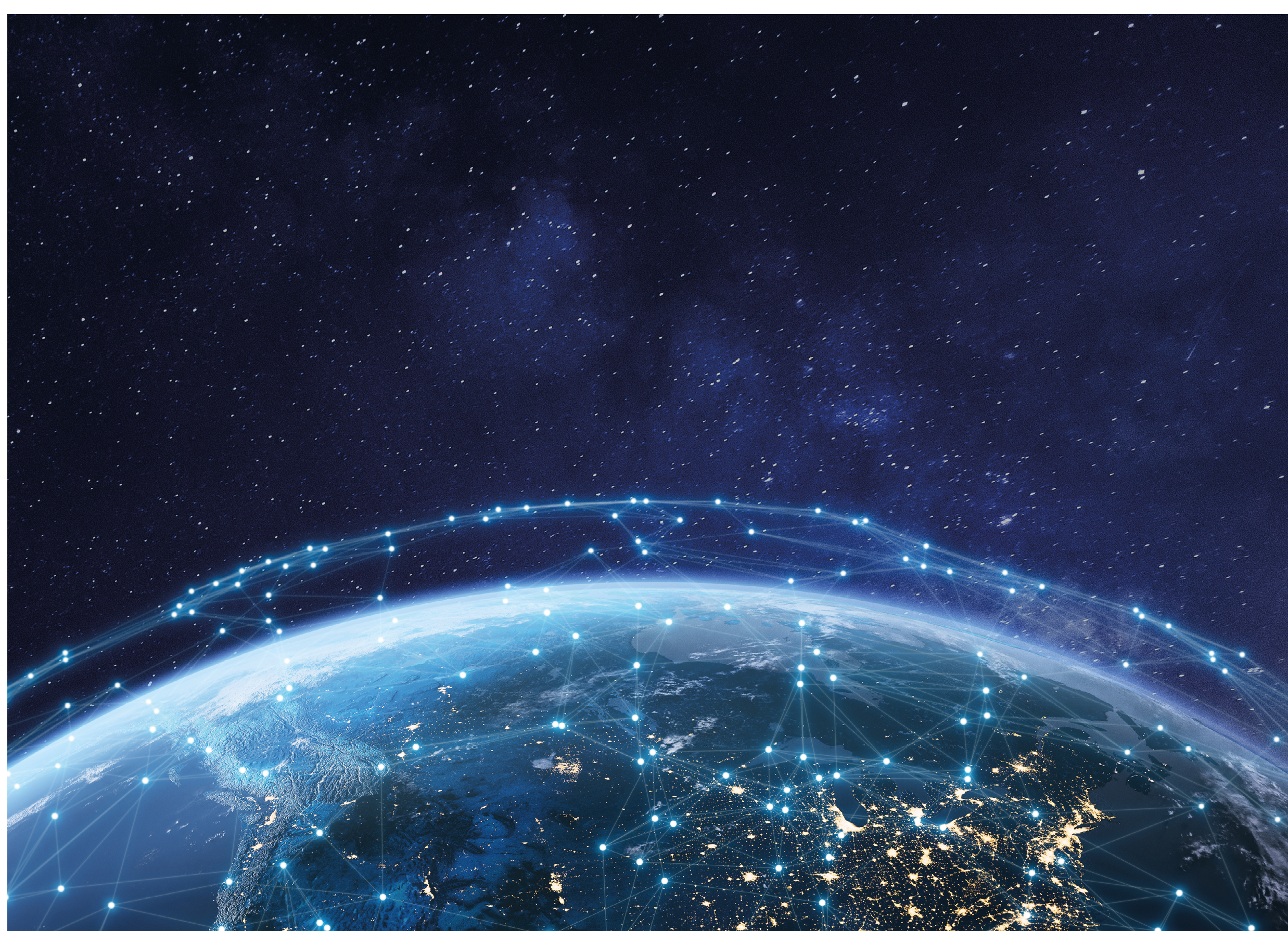 Telecommunication network above North America from space by night with city lights in USA, Canada and Mexico, satellite orbiting Planet Earth for Internet of Things IoT and blockchain technology