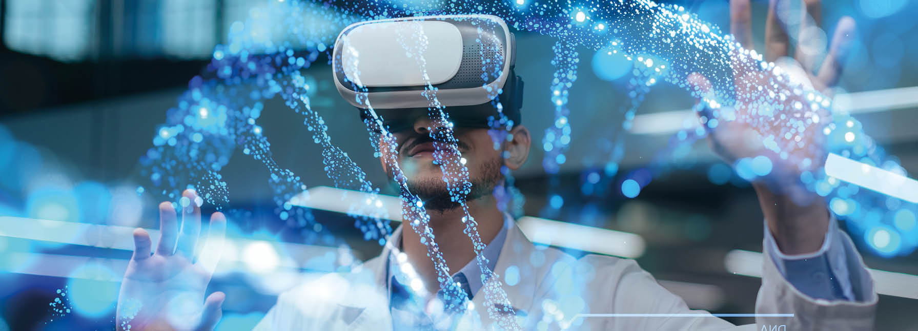 Young middle eastern man doctor in workwear using VR glasses, working with hologram of DNA chain, clinic interior. Modern technologies in healthcare, genetic concept, collage