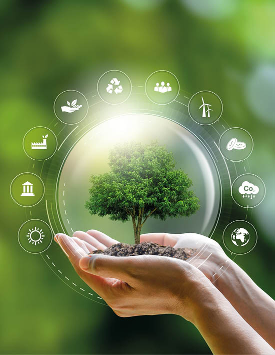 Energy of a sustainable natural gas business Earth protection green tree on hand with icon summer background tropical nature ecology and environment