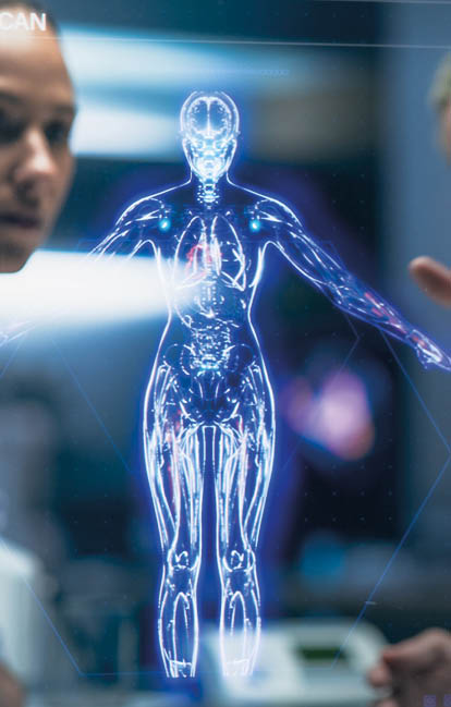 Physician And Patient Examine Holographic Body Models. Biosensors And AI-Driven Tissue Mapping Integrate Real-Time Metabolic Markers, Nanoscale Diagnostics, Targeted Biomolecular Intervention Planning