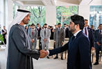 WASHINGTON, DC, UNITED STATES OF AMERICA - September 24, 2024: HH Sheikh Mohamed bin Zayed Al Nahyan, President of the United Arab Emirates (R), greets Emirati students and UAE Astronauts who graduated from the National Aeronautics and Space Administration (NASA) program. Seen during a reception at the UAE Embassy, as part of an official visit to the United States. ( Mohamed Al Hammadi / UAE Presidential Court ) ---