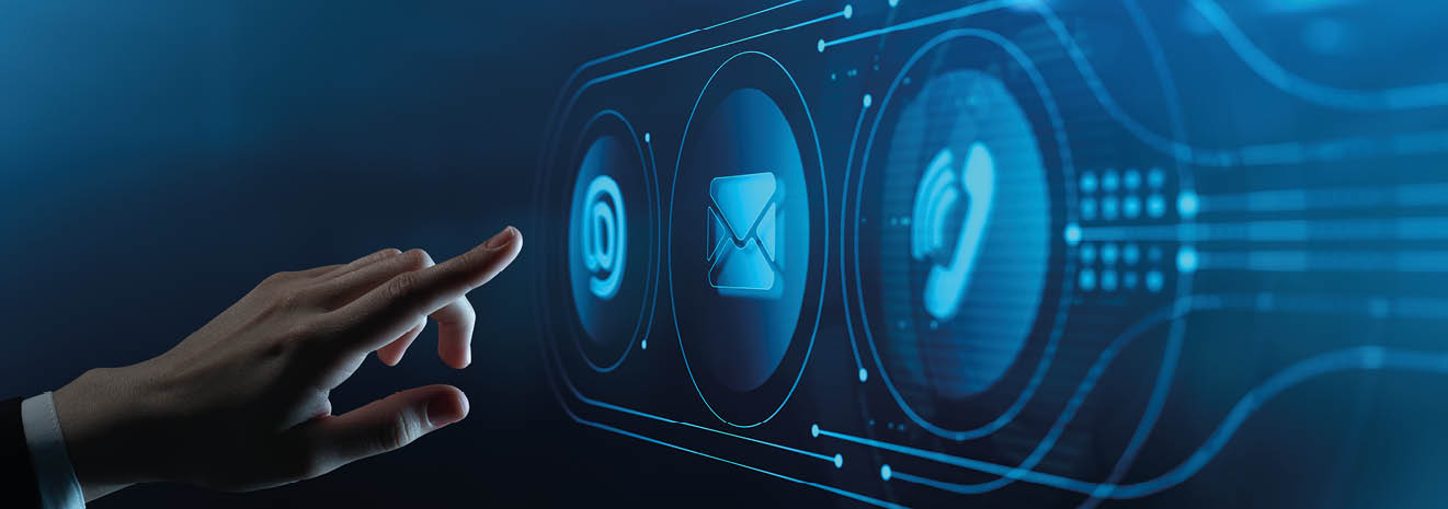 Support concept. Human Hand Touching Futuristic Virtual Screen with Contact us Customer hotline icon