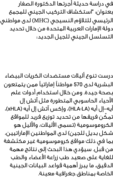 في دراسة حديثة أجرتها الدكتورة الصفار بعنوان: “استكشاف التركيب الجيني للمجمع الرئيسي للتلاؤم النسيجي (MHC) لدى مواطني...