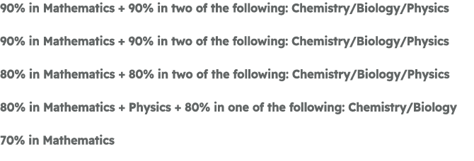 90% in Mathematics + 90% in two of the following: Chemistry/Biology/Physics 90% in Mathematics + 90% in two of the fo...